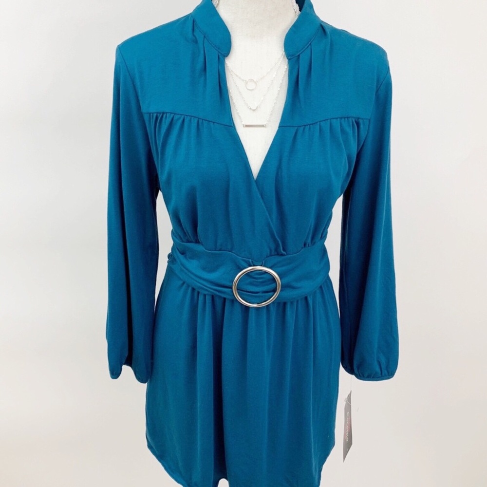 Faux Wrap Style w/Deep V-Neck Blouse, Tunic Length